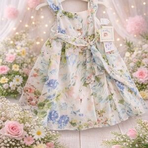 Floral Watercolor Tie-Waist Girls' Formal Dress - Pastel Blue & Pink